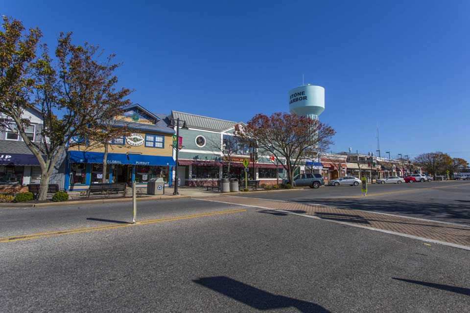 Shops and water tower in Stone Harbor, NJ