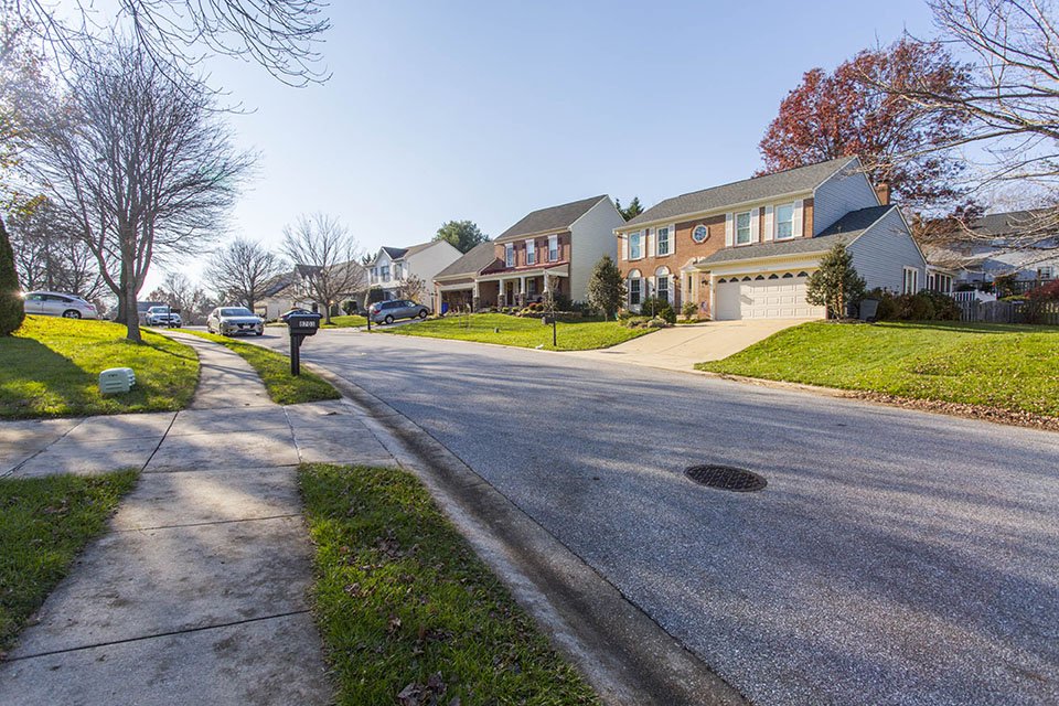 Street of single-family homes in Ellicott City, MD