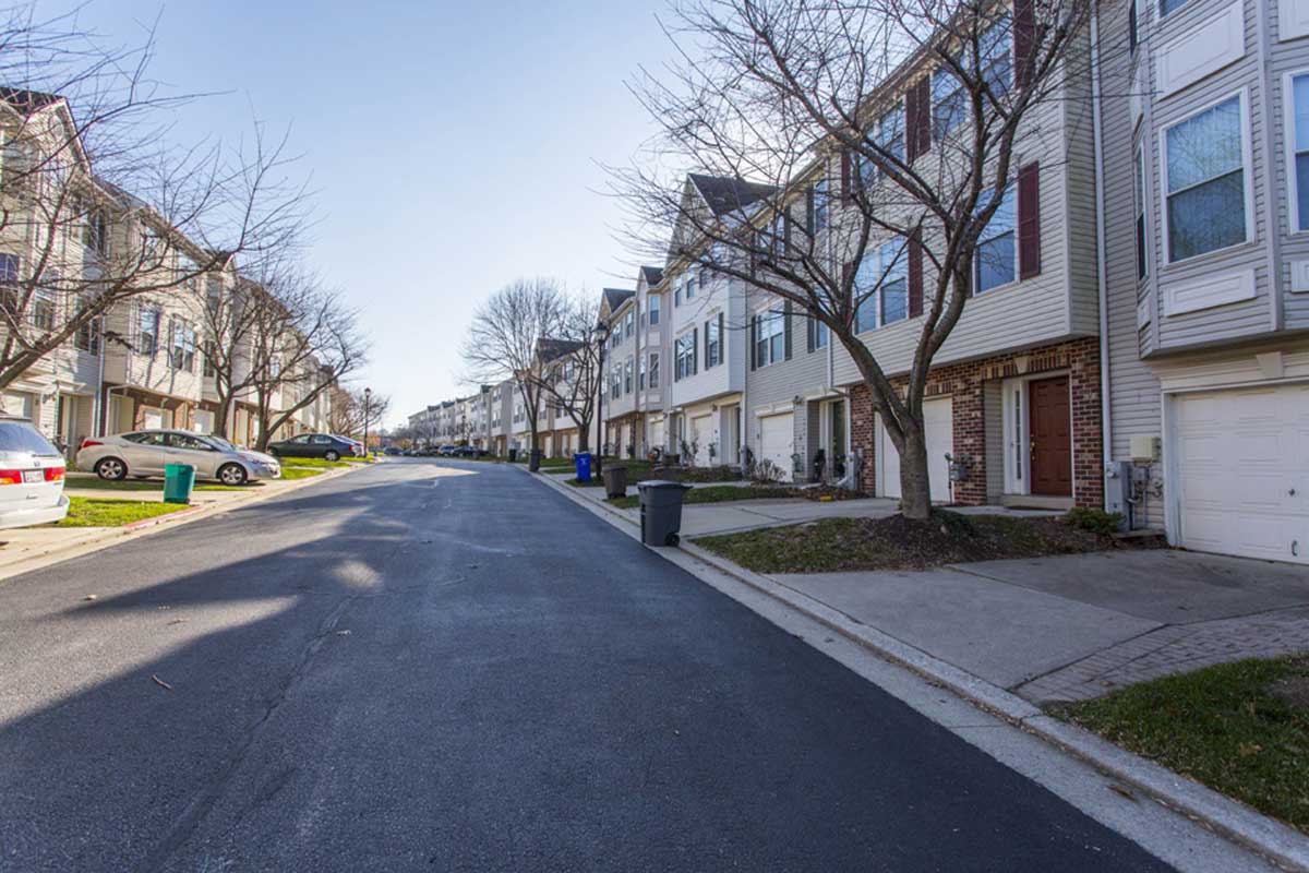Street of townhouses in Ellicott City, MD
