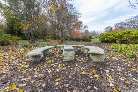 Stone benches in park in Guilford, Baltimore, MD