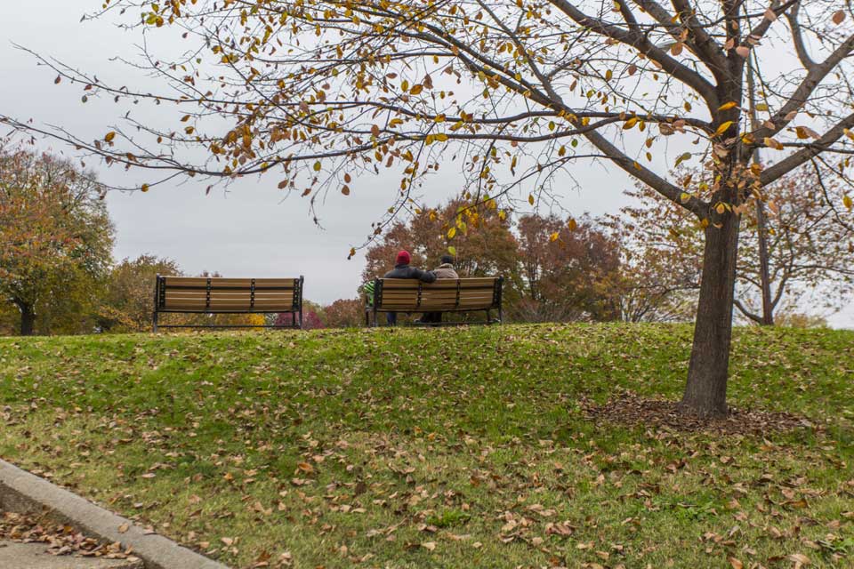 People sitting on park bench in Patterson Park, Baltimore, MD