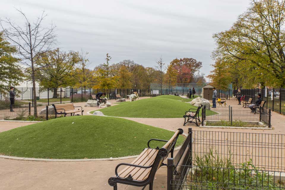 park with benches in Patterson Park, Baltimore, MD