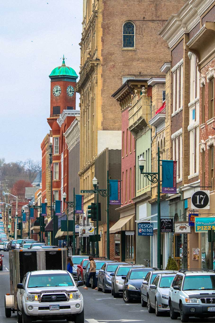 downtown businesses and clocktower in Staunton, VA