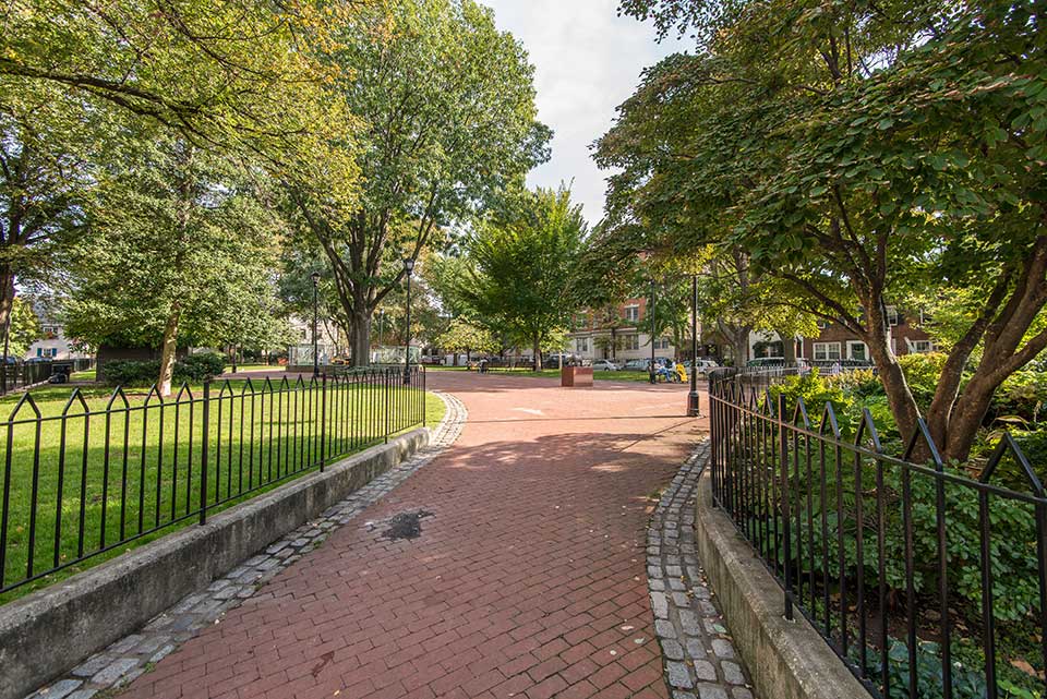 Brick path with trees in Graduate Hospital, Philadelphia, PA
