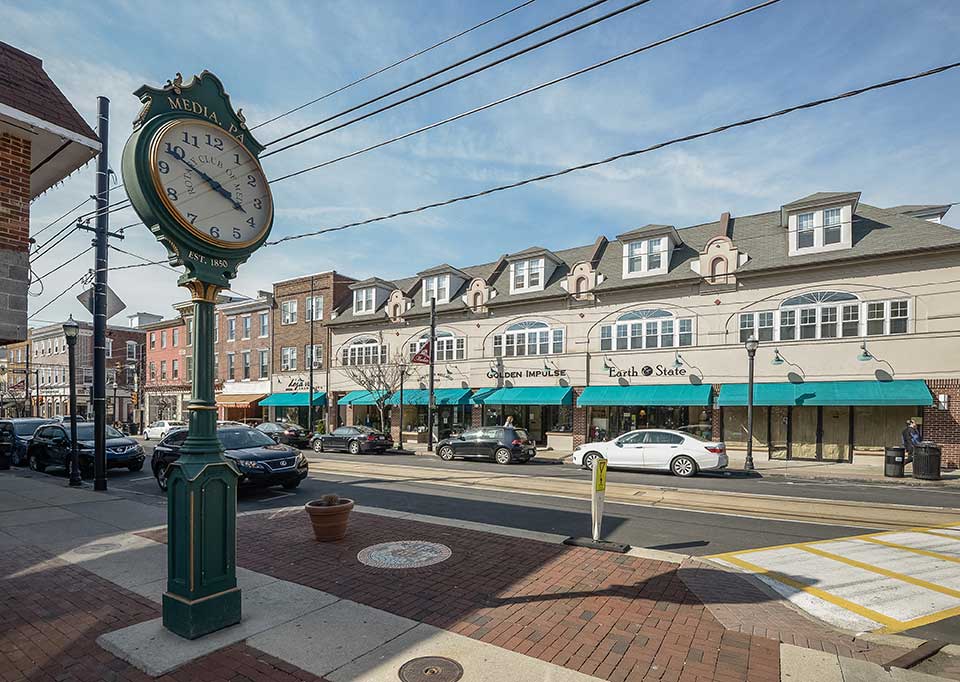 Clocks and shops in Media, PA