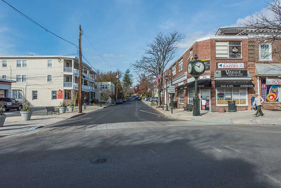 Street with businesses in Narberth, Philadelphia, PA