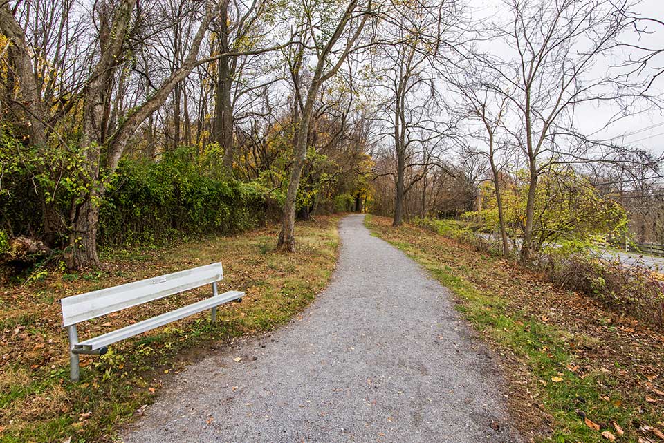 trail with park bench in Newtown Square, PA