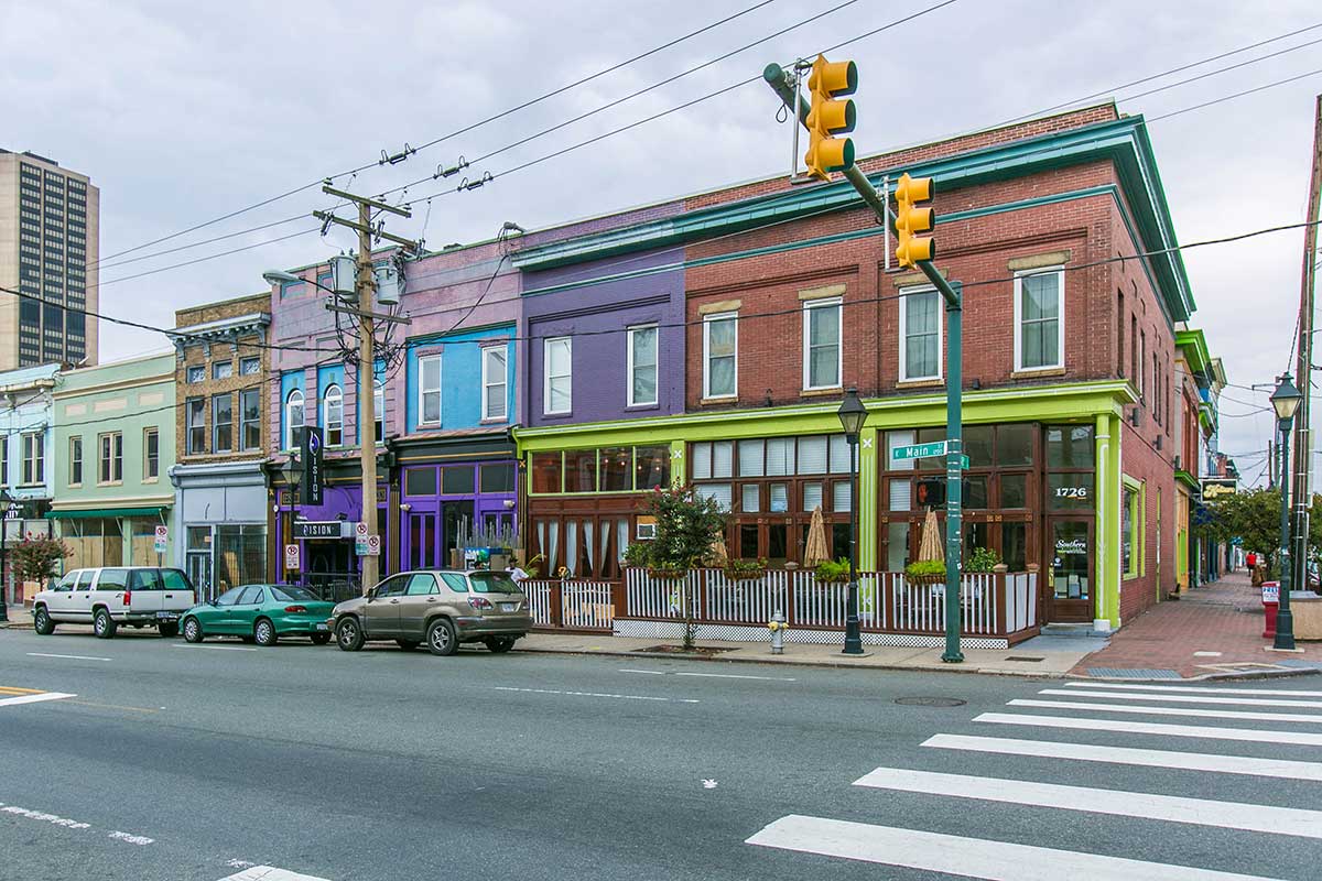 Brightly colored buildings in Shockoe Bottom, Richmond, VA