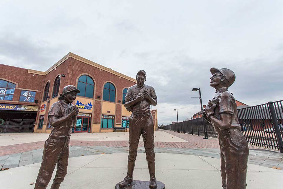 Baseball statues in front of stadium in York, PA